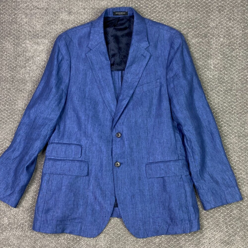 Banana Republic Linen Blazer Sport Coat Men's 42S Cross Blue Herringbone